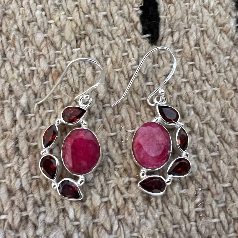 ❤️ Faceted Natural Ruby & Garnet 925 Dangle Boho Statement 1.5”L Earrings 12.2 G - Picture 5 of 13